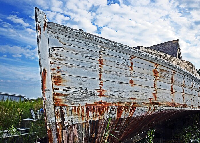 Chesapeake Deadrise Greeting Card featuring the photograph Derelict Workboat in Greenbackville by Bill Swartwout