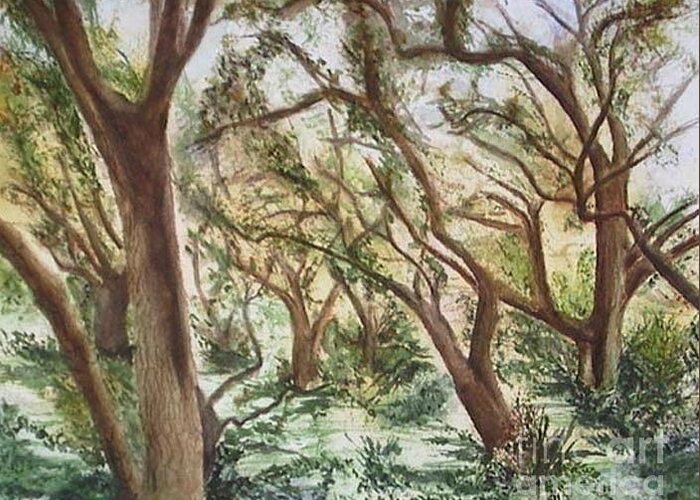 Oak Trees Greeting Card featuring the painting Descanso Oaks by Laura Hamill