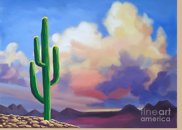 Desert Greeting Card featuring the painting Desert Cactus at Sunset by Tim Gilliland