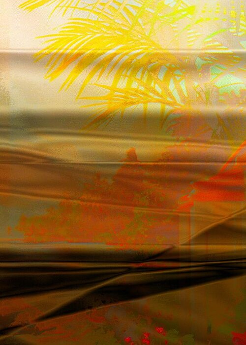Desert Paradise Haven Sun Yellow Orange Retreat Sand palm Trees Memories Regret Longing Home Comfort Love Feelings Brown Vertical Portrait Abstract Landscape Greeting Card featuring the digital art Desert Paradise by Paula Ayers