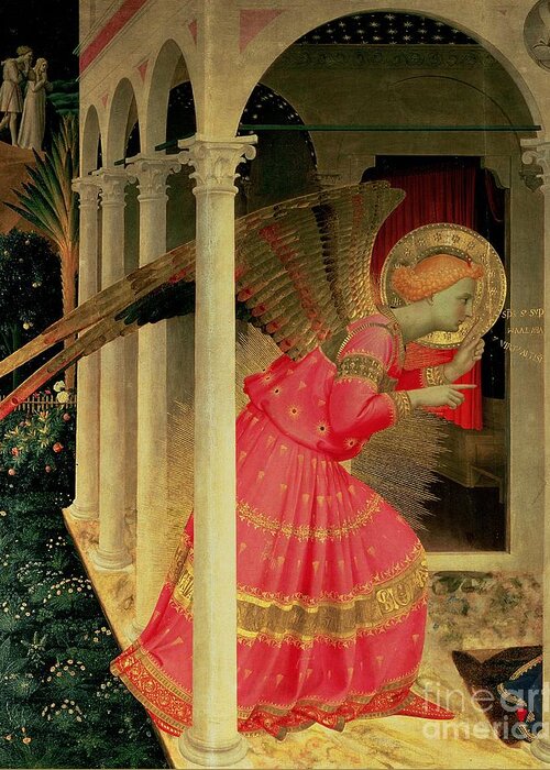 Arcade Greeting Card featuring the painting Detail from The Annunciation showing the Angel Gabriel by Fra Angelico