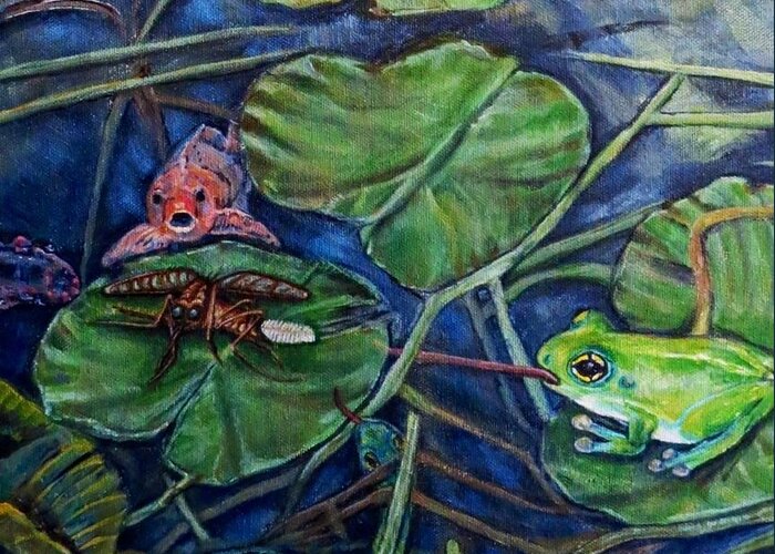 Nature Scene Ecology Environmental Message For Conservation For Earth Day Scene Natural Predators Green Frog Koi Fish Green Snake Green Water Lilies Lily Pads Dappled Sunlight On Blue Green Water Green Brown Grass Reeds Acrylic Painting Greeting Card featuring the painting Detail of Day of Judgment for a Pesky Mosquito by Kimberlee Baxter