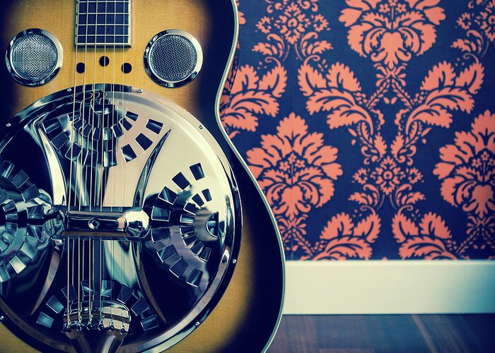 Rock Music Greeting Card featuring the photograph Detail Of Resonator Guitar And Damask by Naphtalina