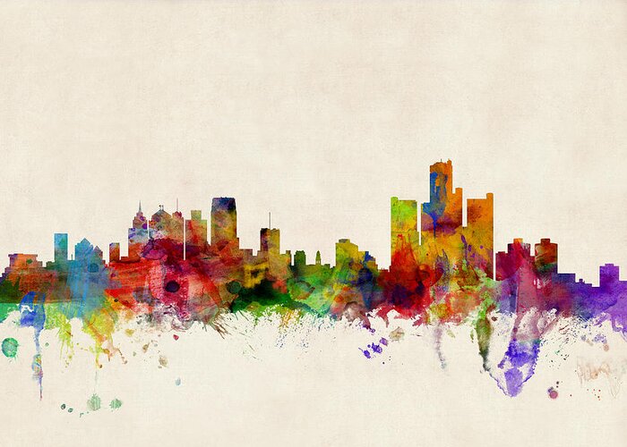 Watercolour Greeting Card featuring the digital art Detroit Michigan Skyline by Michael Tompsett
