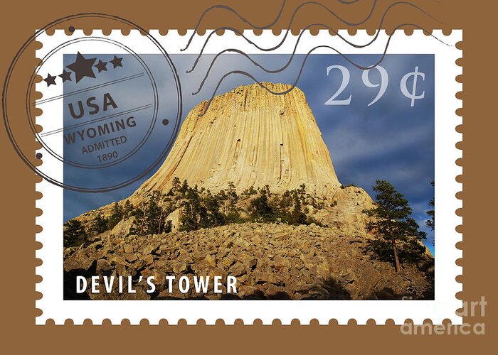Devils Tower Greeting Card featuring the digital art Devils Tower National Monument Wyoming USA Stamp Themed Poster by Shawn O'Brien