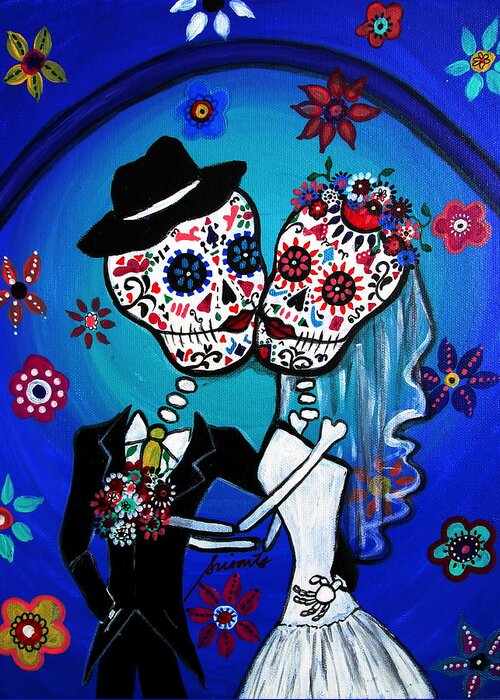 Wedding Greeting Card featuring the painting Dia De Los Muertos Kiss The Bride by Pristine Cartera Turkus