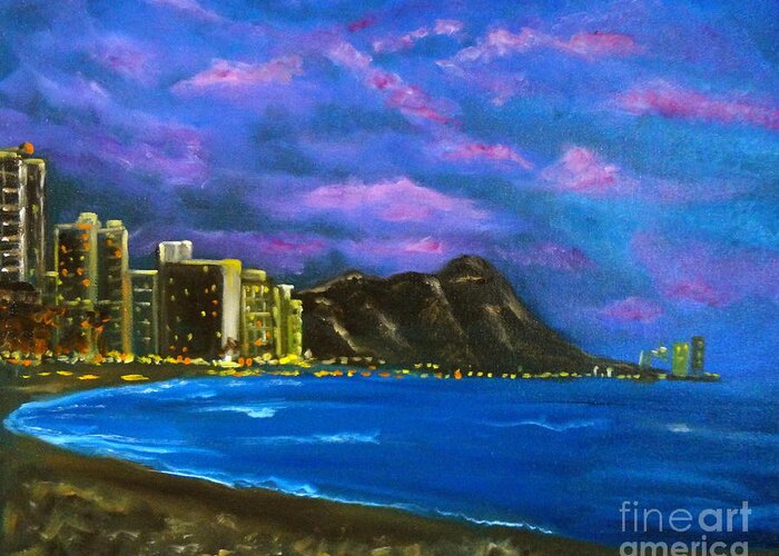Diamond Head Greeting Card featuring the painting Diamond Head at Dusk by Jenny Lee