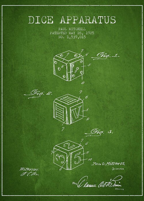 Dice Greeting Card featuring the digital art Dice Apparatus Patent from 1925 - Green by Aged Pixel