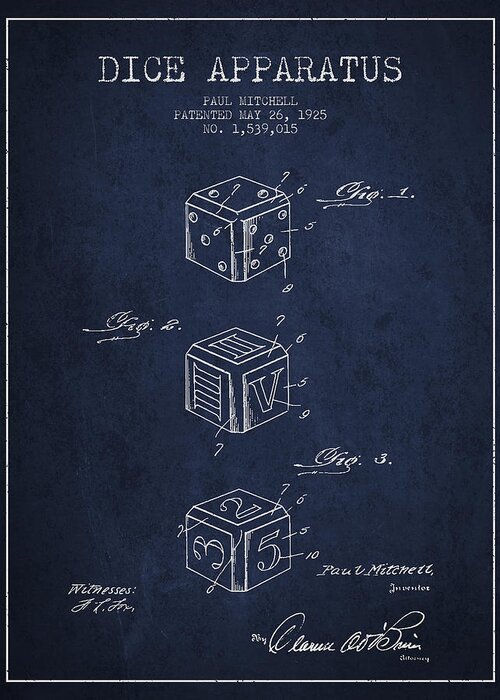 Dice Greeting Card featuring the digital art Dice Apparatus Patent from 1925 - Navy Blue by Aged Pixel