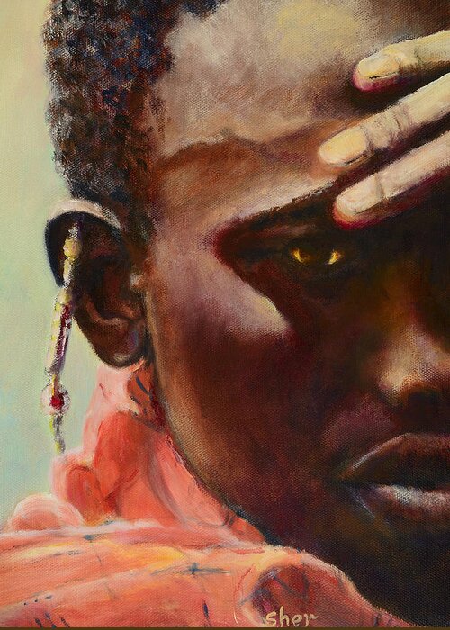 Portrait Of A Maasai Warrior Greeting Card featuring the painting Dignity Maasai Warrior by Sher Nasser Artist