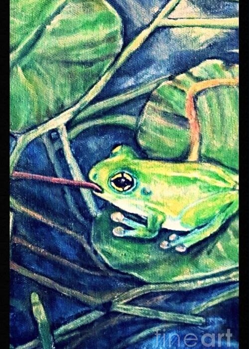 Nature Scene Green Frog With Tongue Extended To Catch Food Golden Green Lily Pads Ocean Blue Water With Highlights Acrylic Painting Greeting Card featuring the painting Dinner on a Lily pad by Kimberlee Baxter