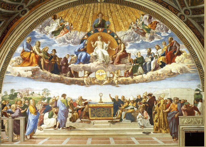 Disputation Of Holy Sacrament Greeting Card featuring the painting Disputation of Holy Sacrament. by Raphael