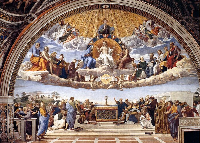 Vatican Greeting Card featuring the painting Disputation of the Eucharist by Raphael