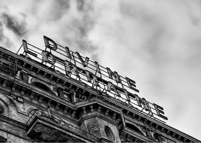 Divine Greeting Card featuring the photograph Divine Lorraine Hotel Marquee in Black and White by Bill Cannon