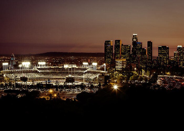 Dodger Stadium Greeting Card featuring the photograph Dodger Stadium at Dusk by Linda Posnick
