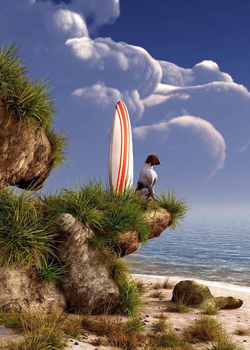 Surfing Greeting Card featuring the digital art Dog and Surfboard by Daniel Eskridge