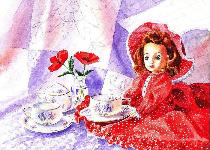 Doll Greeting Card featuring the painting Doll At The Tea Party by Irina Sztukowski