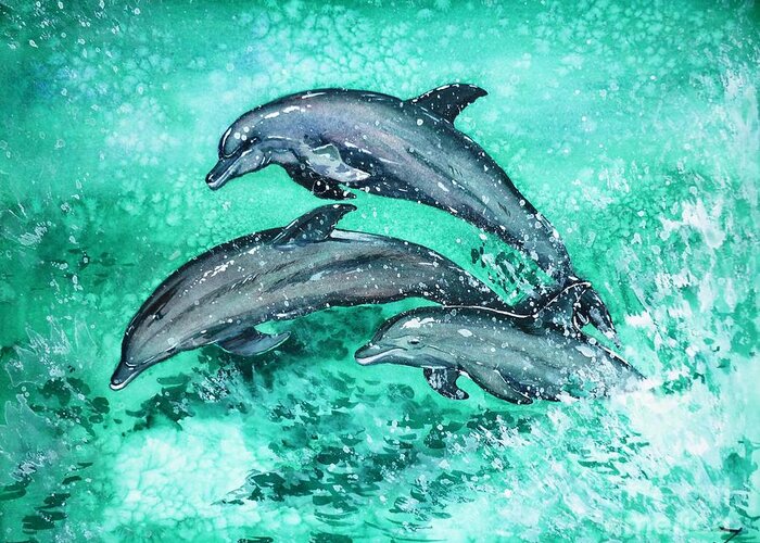 Dolphins Greeting Card featuring the painting Dolphins by Zaira Dzhaubaeva