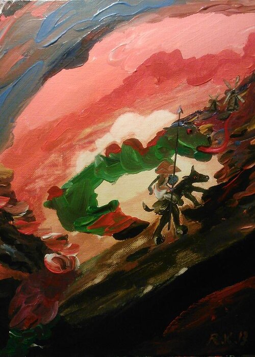 Abstract Art Greeting Card featuring the painting Don Quixote fighting the dragon by Ray Khalife