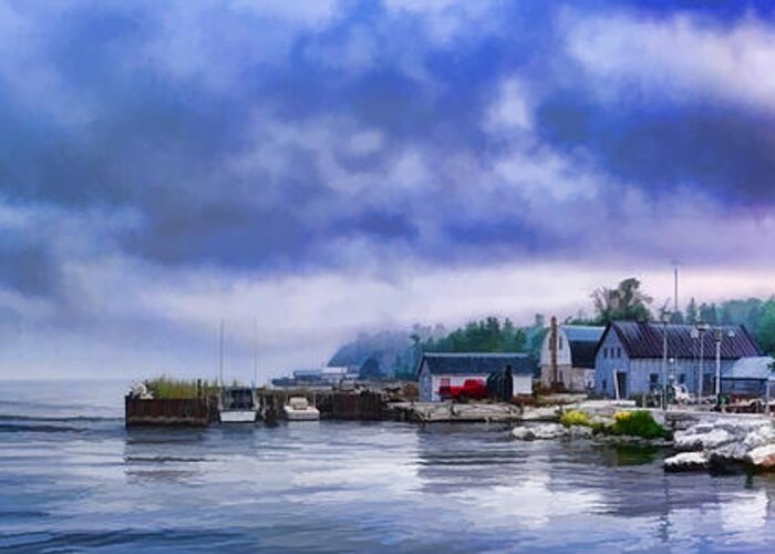 Door County Greeting Card featuring the painting Door County Gills Rock Morning Catch Panorama by Christopher Arndt