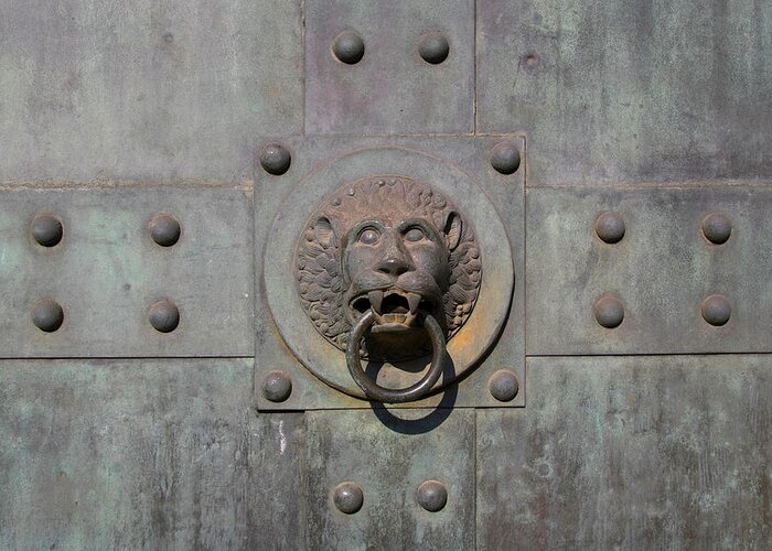 Architectural Feature Greeting Card featuring the photograph Door Knocker Lions Head by C-vino