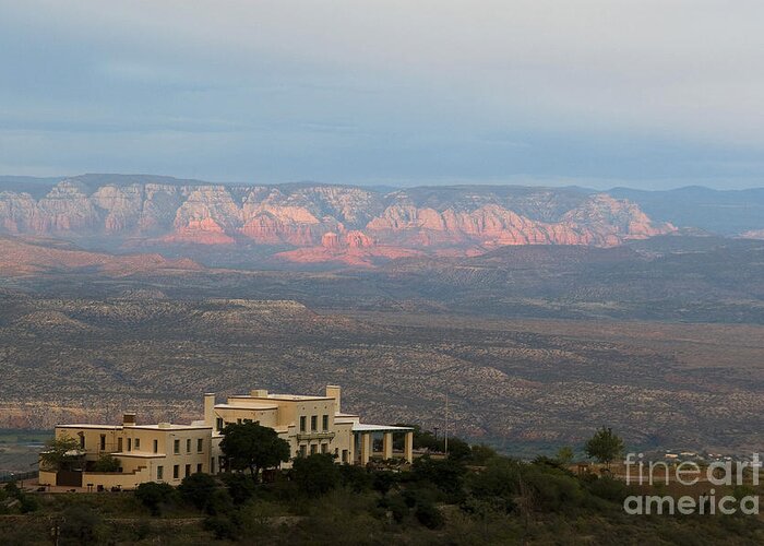 Douglas Mansion Greeting Card featuring the photograph Douglas Mansion and Red Rocks of Sedona by Ron Chilston