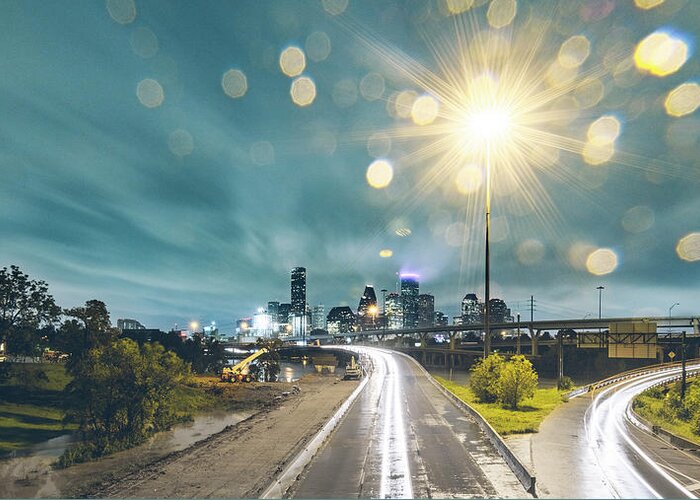 Tranquility Greeting Card featuring the photograph Downtown Houston Flooding At Night by Onest Mistic
