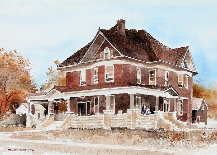A Beautiful Two-story Home With A Majestic Front Porch Once Stood In Coffeyville Greeting Card featuring the painting Dr. Hall Residence by Monte Toon