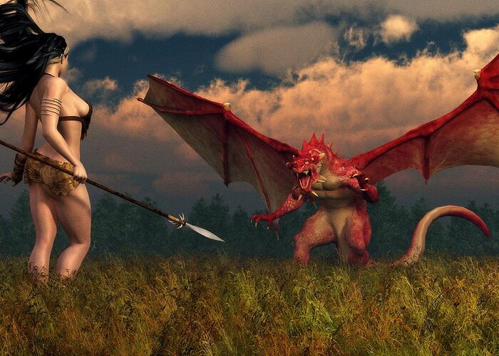  Greeting Card featuring the digital art Dragon vs Cavegirl by Kaylee Mason