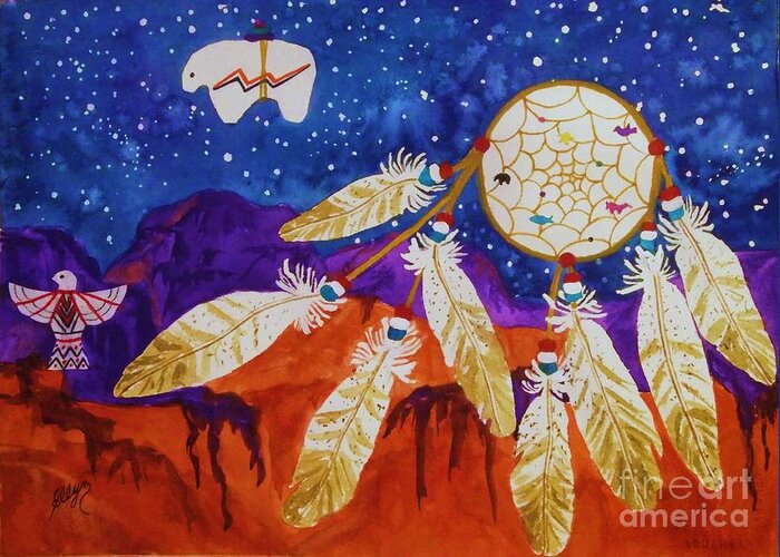 Dream Catcher Greeting Card featuring the painting Dreamcatcher Over The Mesas by Ellen Levinson