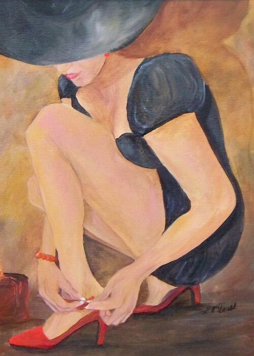 Shoes Candle Legs Red Shoes Black Hat Woman Girl Buckling Shoes Black Dress Greeting Card featuring the painting Dressing by Candlelight by Lynda McDonald