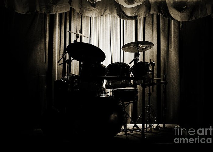 On Stage Greeting Card featuring the photograph Drum Set On Stage Photograph Combo Jazz Sepia 3234.01 by M K Miller