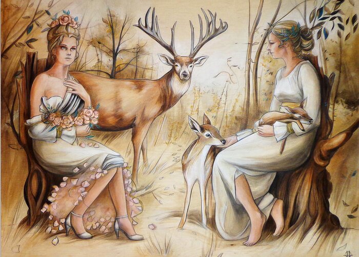 A Pastoral Scene Depicting The Duality Of The Two Sides Of Womanhood With The Hart In The Center Greeting Card featuring the painting Duality of the Matriarch by Jacqueline Hudson