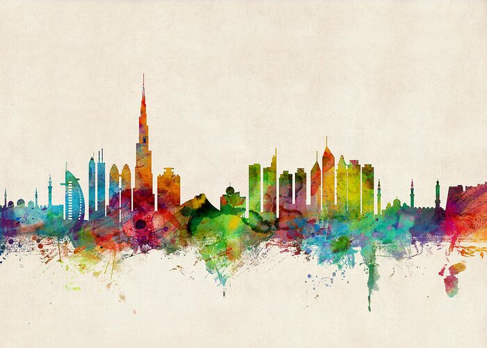 Urban Greeting Card featuring the digital art Dubai Skyline by Michael Tompsett