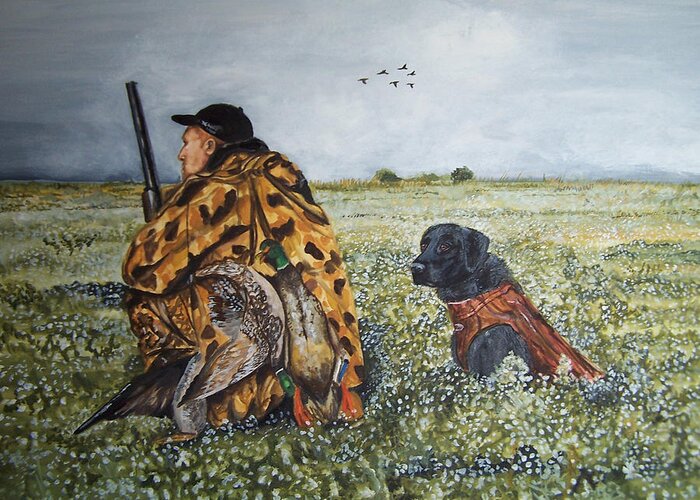 Duck Greeting Card featuring the painting Duck Hunters by Kathy Laughlin