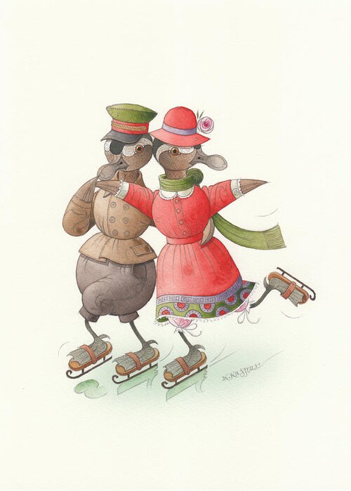 Christmas Ice Snow Winter Duck Birds Red White Greeting Cards Greeting Card featuring the painting Ducks on skates 01 by Kestutis Kasparavicius