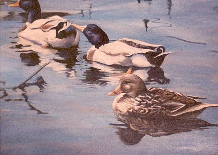 Nature Greeting Card featuring the painting Ducks on the Cachuma by Donna Tucker