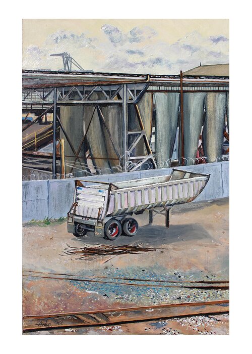 Industrial Landscape Painting Greeting Card featuring the painting Dump Truck Bin and Steel Mill by Asha Carolyn Young
