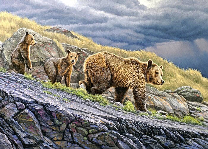 Wildlife Greeting Card featuring the painting Dunraven Pass Grizzly Family by Paul Krapf