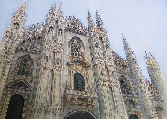 Architecture Greeting Card featuring the painting Duomo di Milano by Henrieta Maneva
