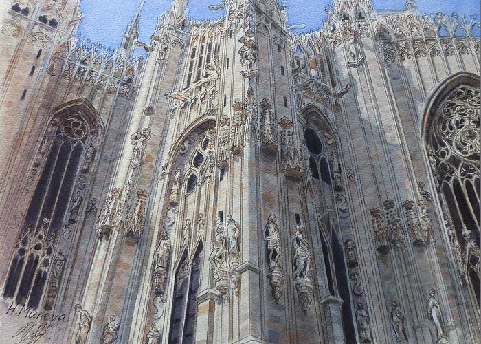 Architecture Greeting Card featuring the painting Duomo di Milano II by Henrieta Maneva