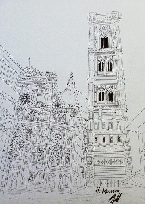 Churches Greeting Card featuring the drawing Duomo Florence in Black and White by Henrieta Maneva
