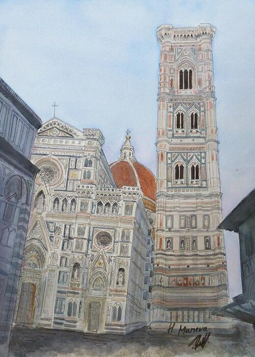 Architecture Greeting Card featuring the painting Duomo Florence in color by Henrieta Maneva