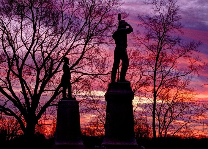 Civil War Greeting Card featuring the photograph Durell's Independent Battery D and 48th PA Volunteer Infantry-A1 Sunset Antietam by Michael Mazaika