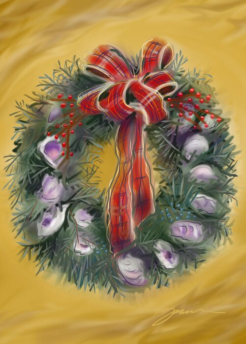 Wreath Greeting Card featuring the painting Duxbury Oyster Wreath by Jean Pacheco Ravinski