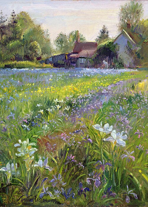 Rural Greeting Card featuring the painting Dwarf Irises And Cottage by Timothy Easton