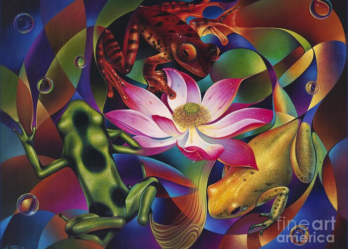 Lily Greeting Card featuring the painting Dynamic Frogs by Ricardo Chavez-Mendez