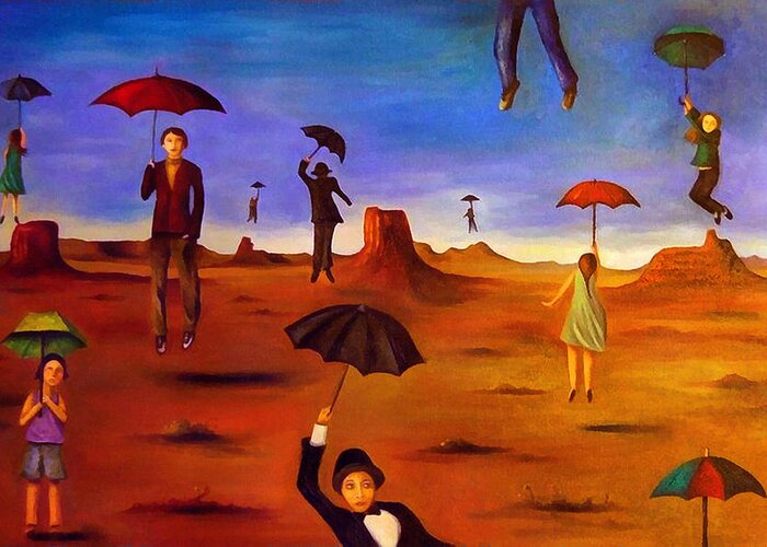 Umbrella Greeting Card featuring the painting Spirit Of The Flying Umbrellas edit 5 by Leah Saulnier The Painting Maniac