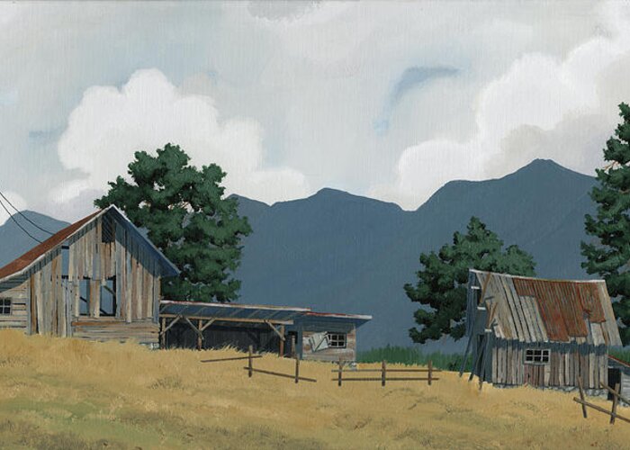 Barn Greeting Card featuring the painting Early Bigfork Farmstead by John Wyckoff
