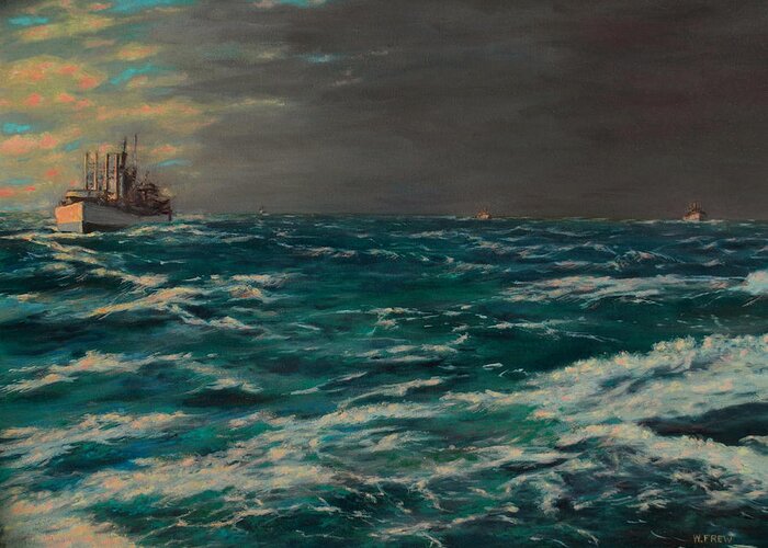 Convoy Greeting Card featuring the painting Early Morning North Atlantic Convoy WW II by William Frew